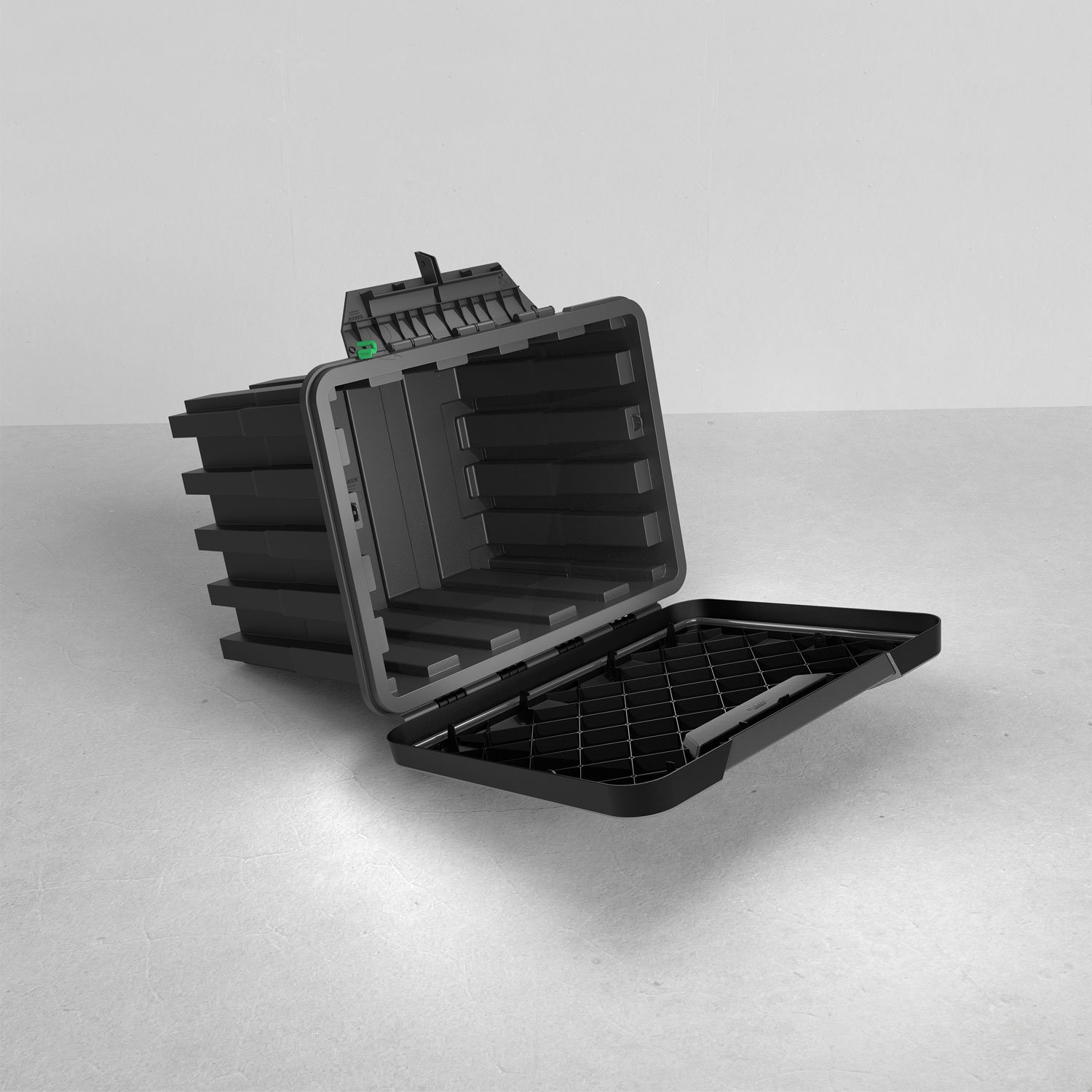 Daken Flink - Cassetta porta attrezzi per camion in plastica, aperta, di colore nero, poggiata su un piano