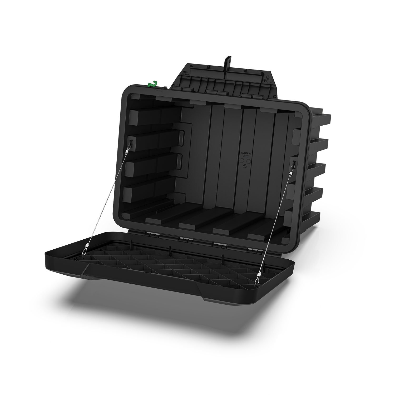 Daken Flink - Cassetta porta attrezzi per camion in plastica, aperta, di colore nero, con cavi in acciaio all'interno